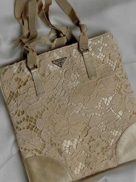 RARE Prada Beige Lace & Satin Mini Top Handle Bag w/ Papers