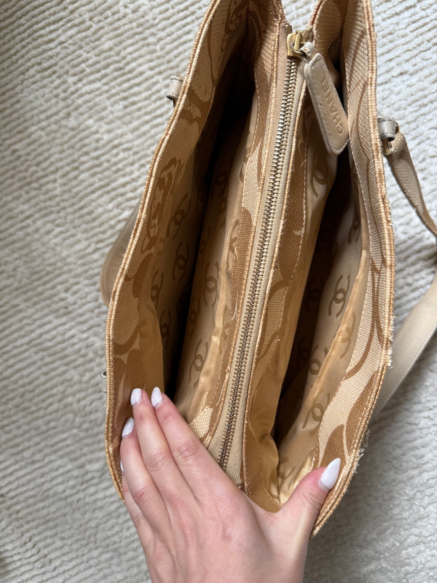 Chanel 2008 Gold Camellia Raffia Tote