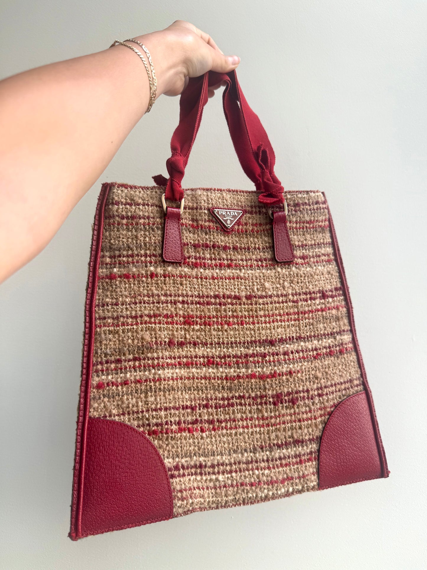 RARE Prada Red Tweed Top Handle Bag