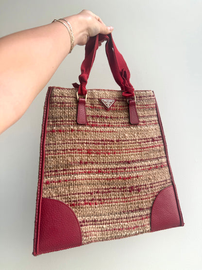 RARE Prada Red Tweed Top Handle Bag