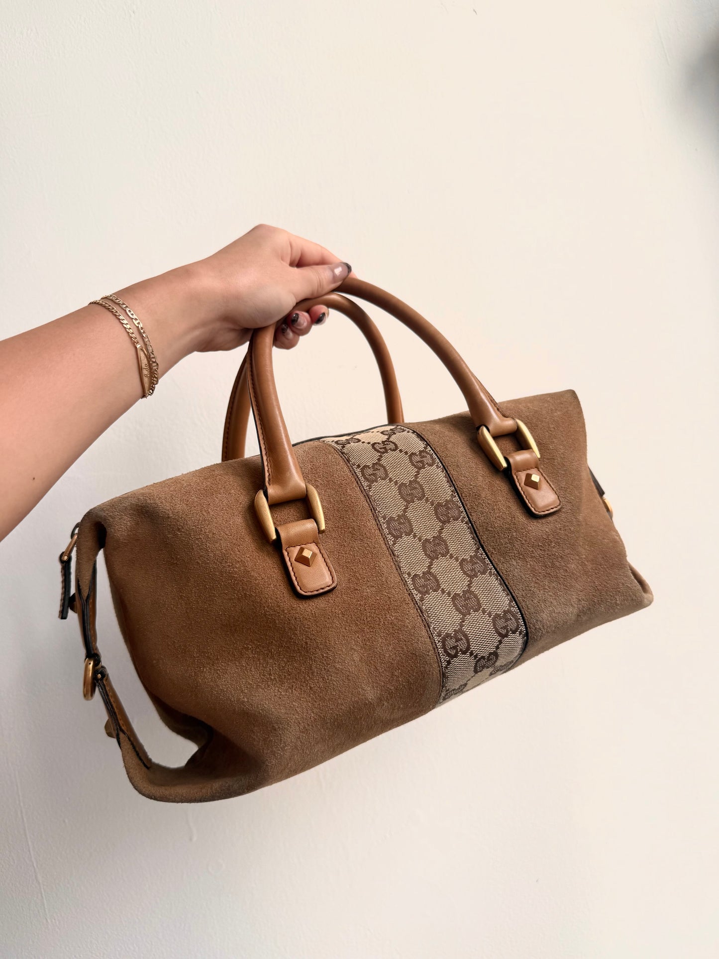Gucci Brown Suede GG Bowler Bag