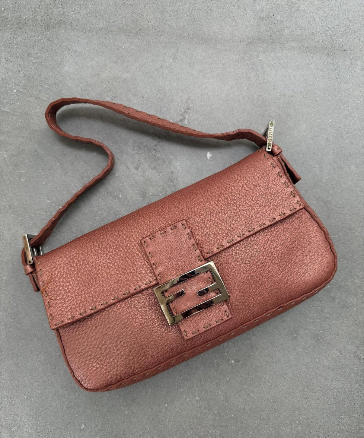Fendi Rose Pink Metallic Leather Selleria Baguette