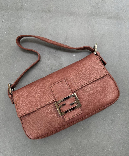 Fendi Rose Pink Metallic Leather Selleria Baguette