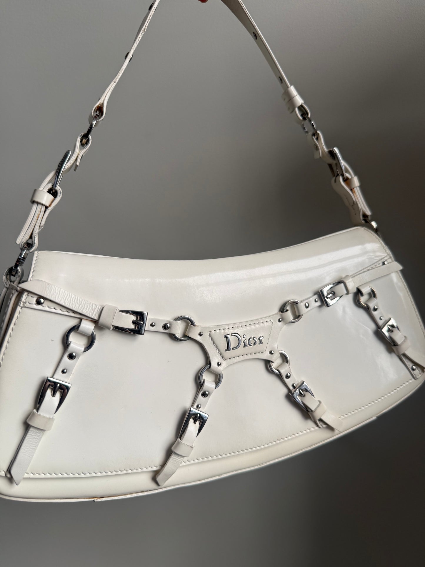 RARE Christian Dior White Patent Leather Bondage Shoulder Bag w/ Dustbag