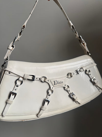 RARE Christian Dior White Patent Leather Bondage Shoulder Bag w/ Dustbag