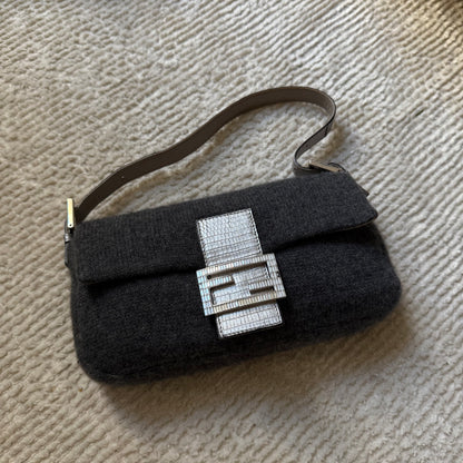 RARE Fendi Gray Cashmere Wool  Lizard Trim Rhinestone Baguette
