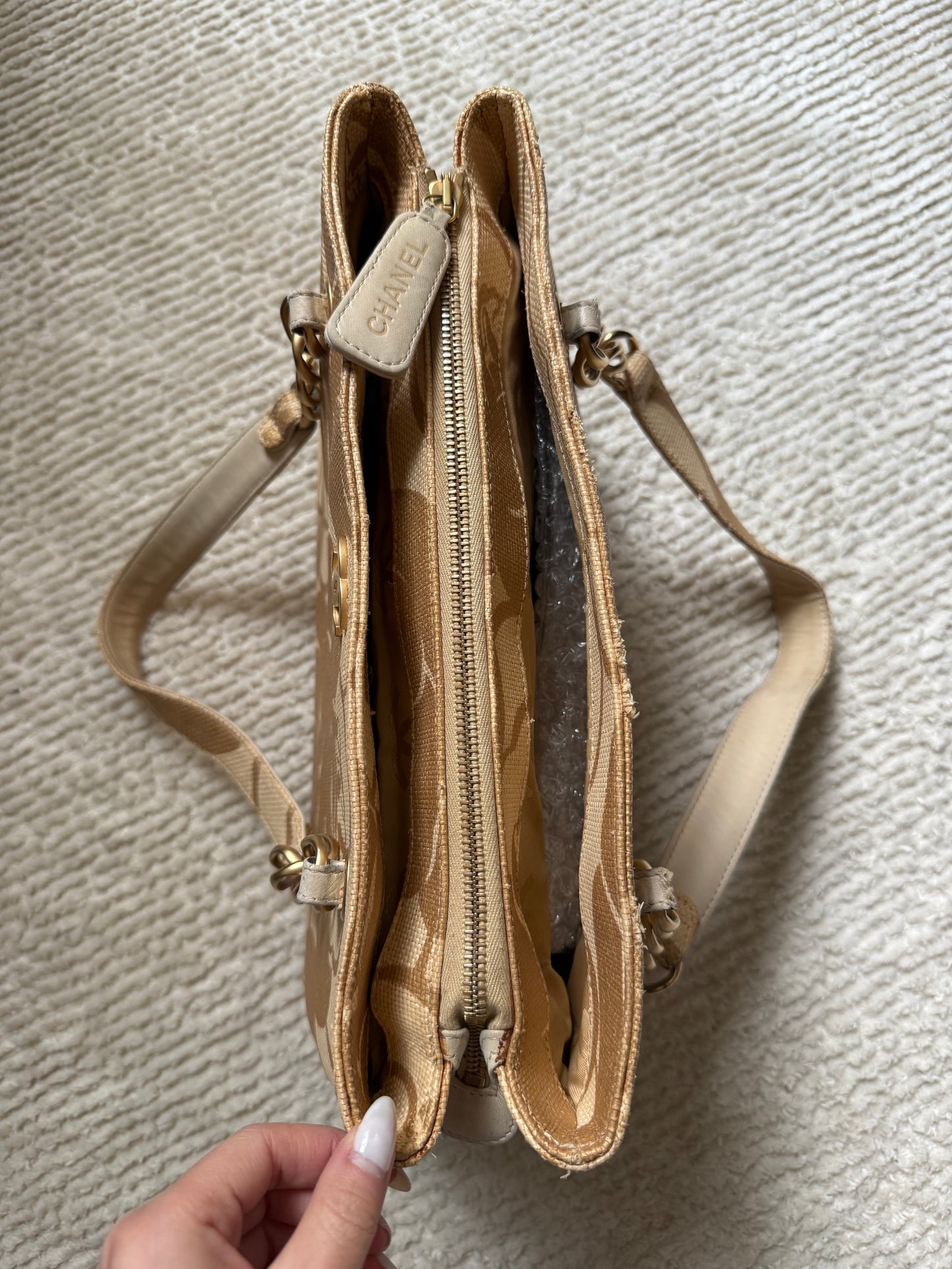 Chanel 2008 Gold Camellia Raffia Tote