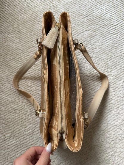 Chanel 2008 Gold Camellia Raffia Tote