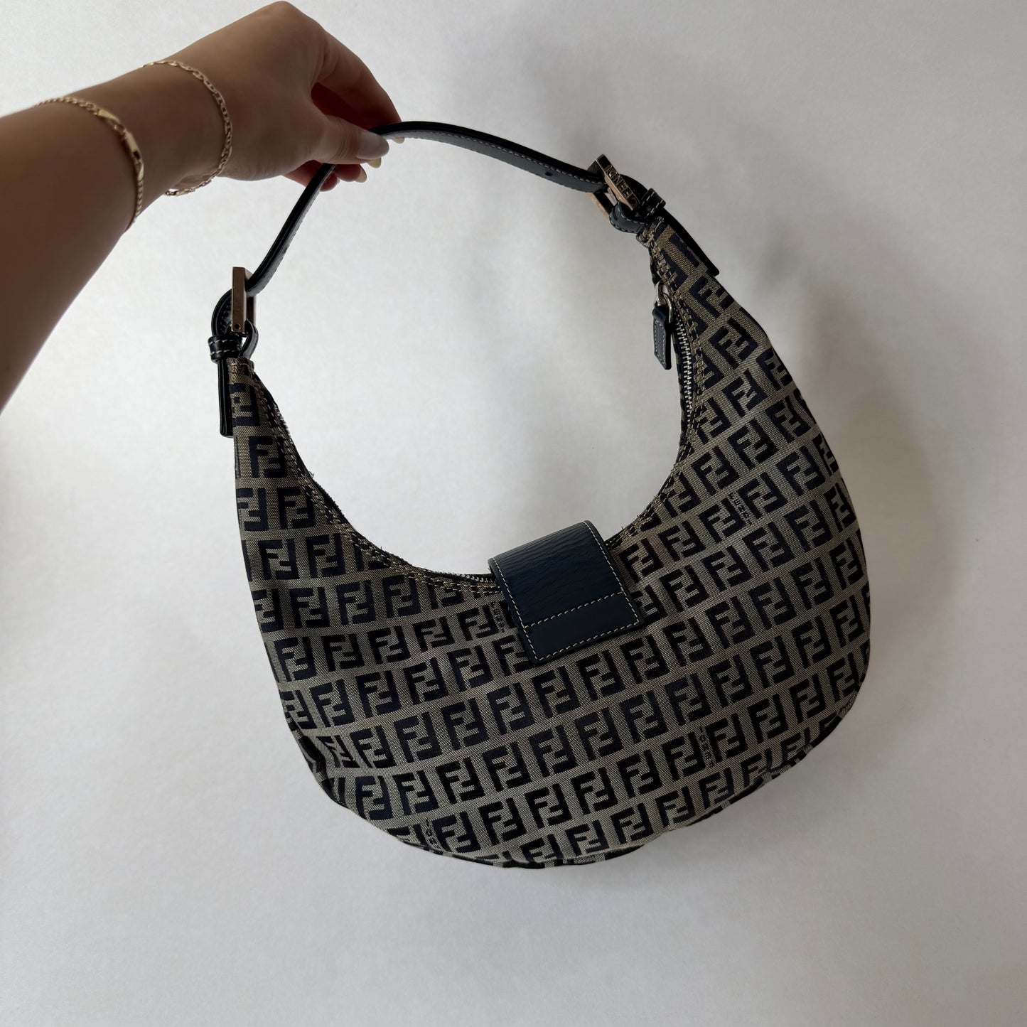 RARE Fendi Navy Zucchino Monogram Croissant Half Moon Shoulder Bag