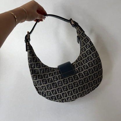 RARE Fendi Navy Zucchino Monogram Croissant Half Moon Shoulder Bag