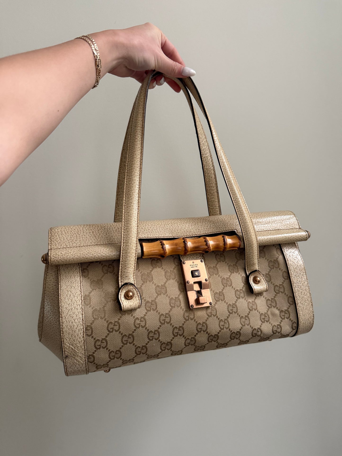 Gucci White Monogram Rose Gold Bamboo Bullet Bag