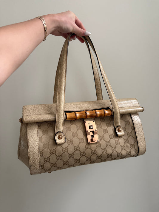 Gucci White Monogram Rose Gold Bamboo Bullet Bag