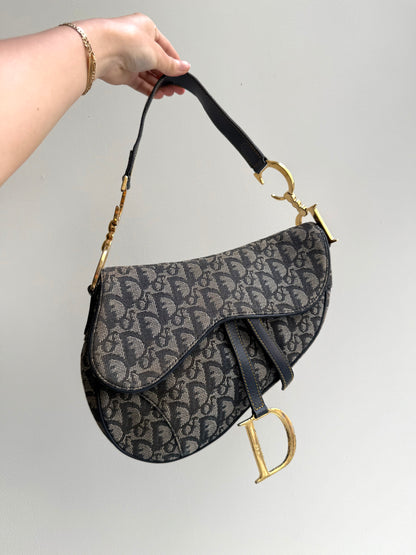 Christian Dior Navy Monogram Gold Saddle Bag