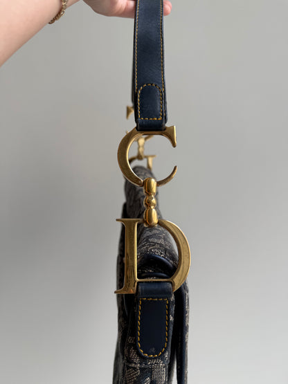 Christian Dior Navy Monogram Gold Saddle Bag