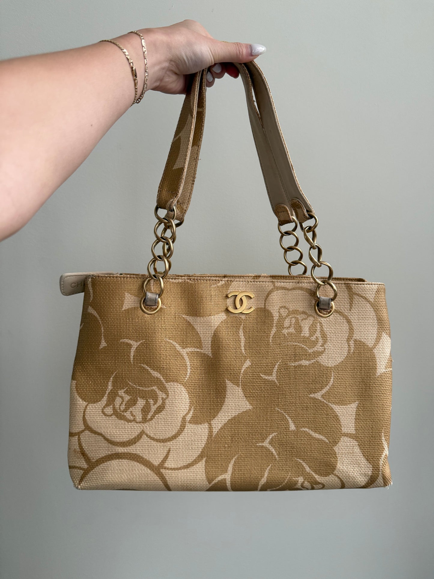 Chanel 2008 Gold Camellia Raffia Tote