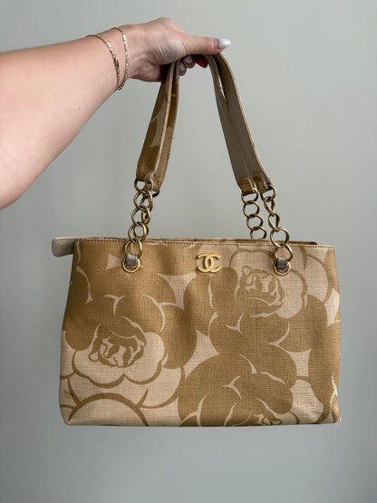 Chanel 2008 Gold Camellia Raffia Tote