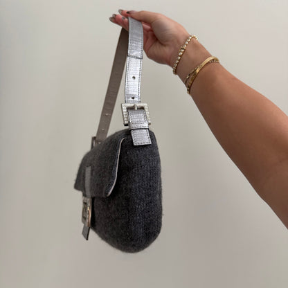 RARE Fendi Gray Cashmere Wool  Lizard Trim Rhinestone Baguette