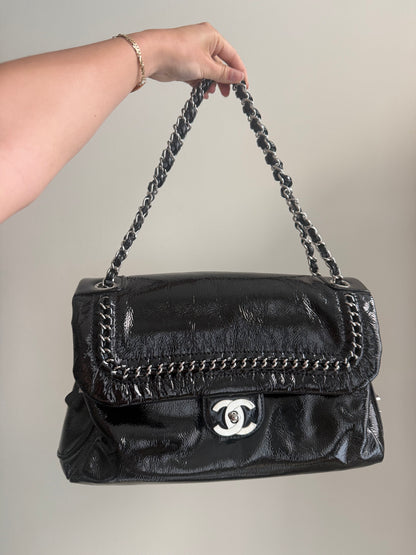 RARE NEW Chanel Black Patent Leather Luxe Ligne Flap Bag
