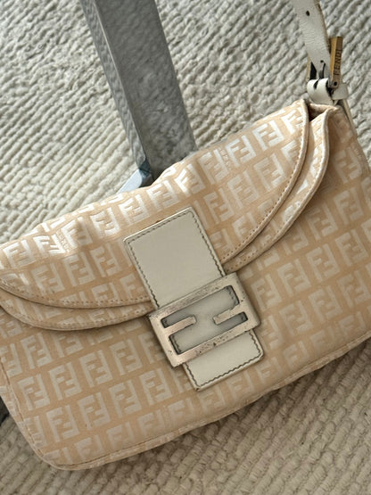 Fendi White Zucchino Double Flap Baguette Bag