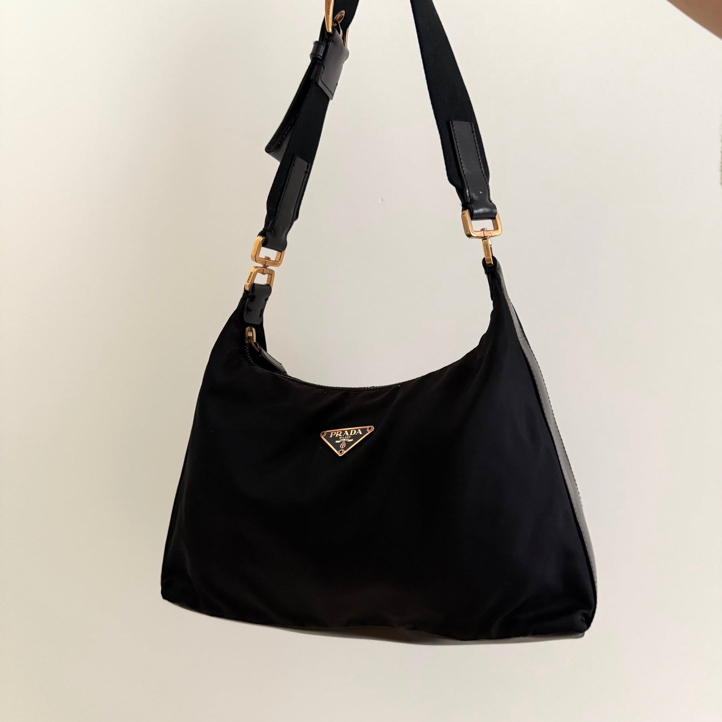RARE Prada Back Gold Nylon Leather Buckle Shoulder Bag