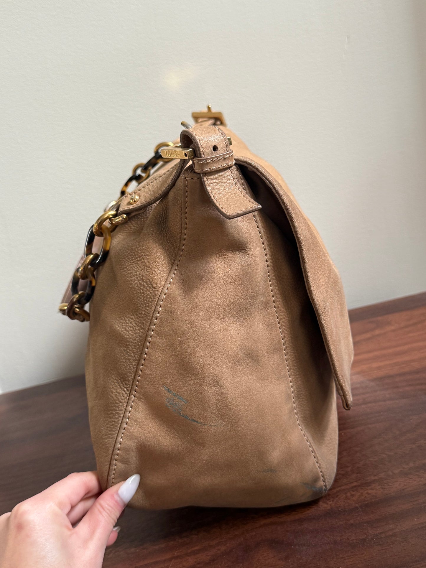 RARE Fendi Jumbo Burl Wood Beige Leather Baguette