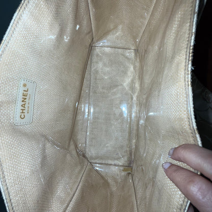 Chanel 2008 Gold Camellia Raffia Tote w/ Zip Pouch & Phone Pouch