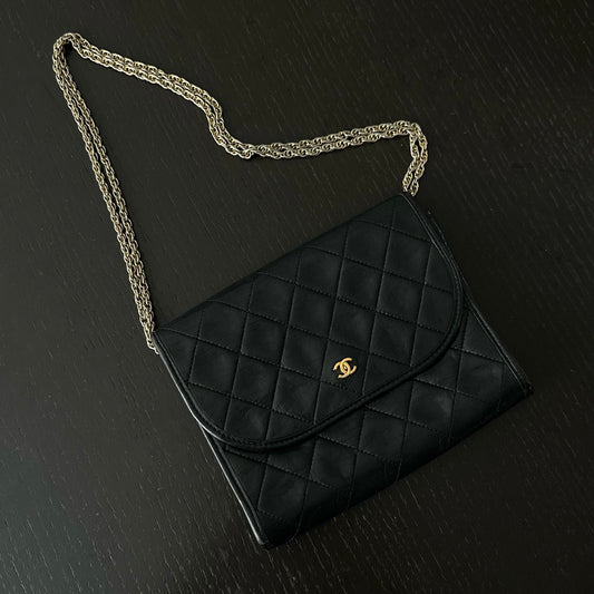 Chanel Coco Mark Black Leather Quilted Gold Convertible Small Flap Bag