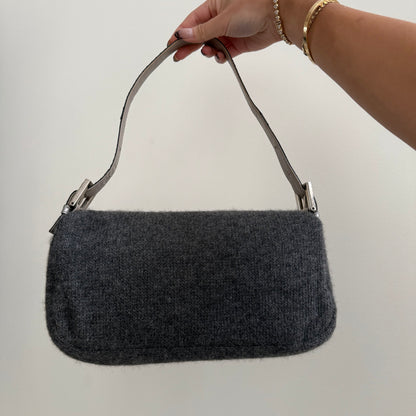 RARE Fendi Gray Cashmere Wool  Lizard Trim Rhinestone Baguette