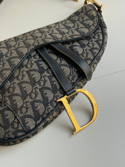 Christian Dior Navy Monogram Gold Saddle Bag