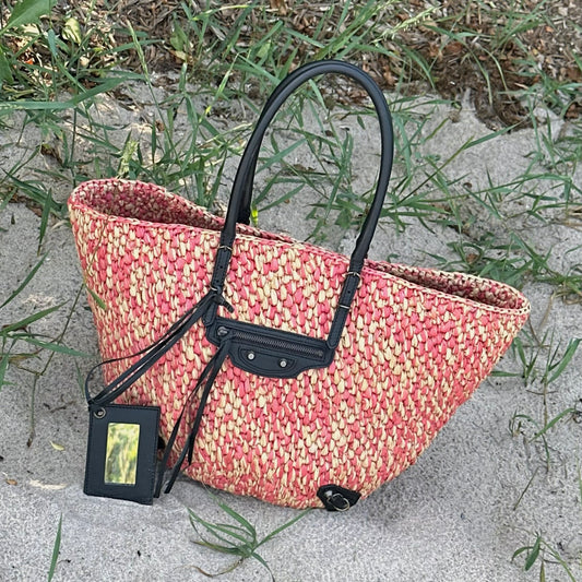 Balenciaga Woven Pink & Beige Basket Raffia Tote w/ Mirror