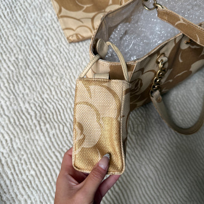 Chanel 2008 Gold Camellia Raffia Tote w/ Zip Pouch & Phone Pouch
