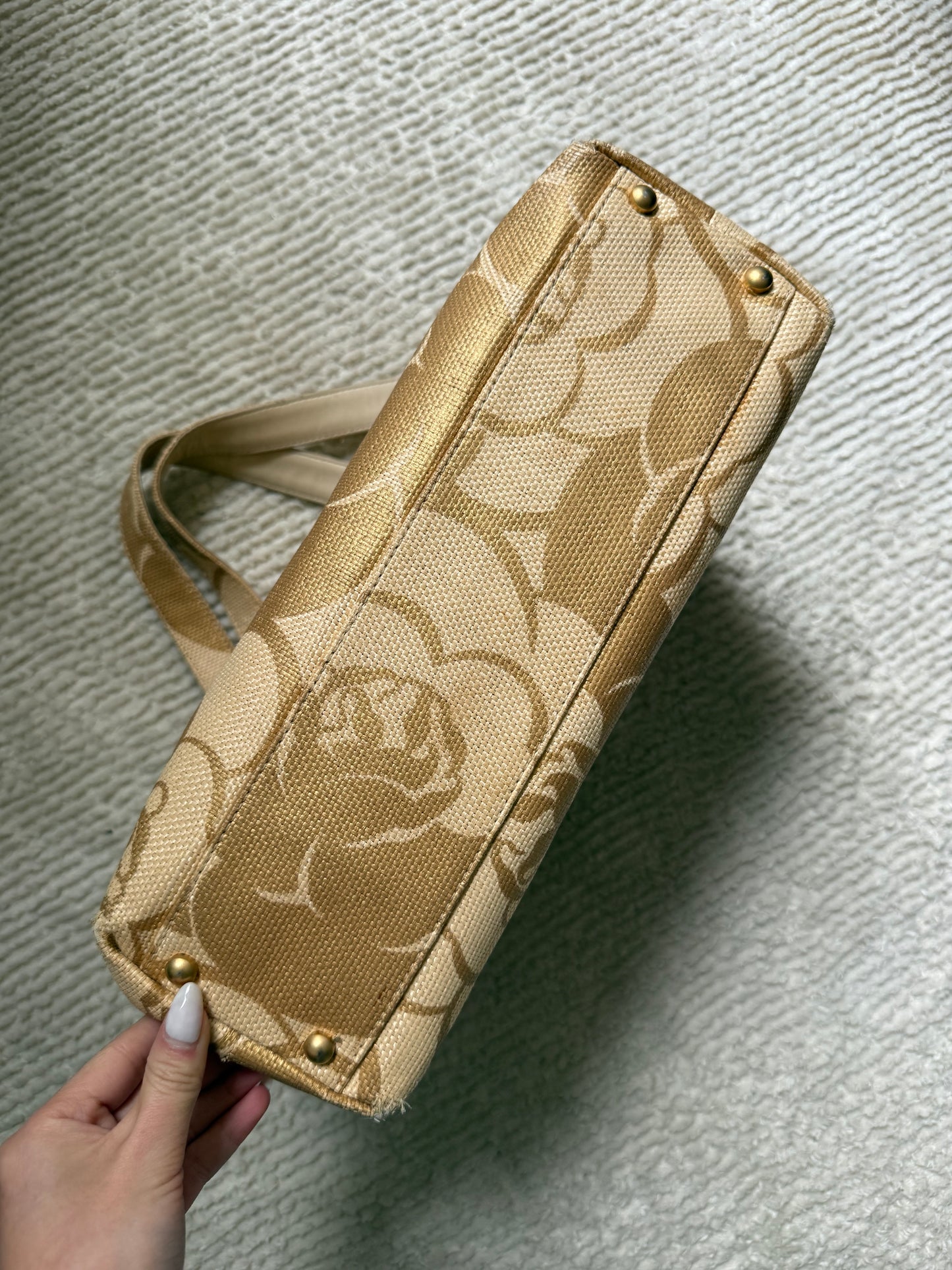 Chanel 2008 Gold Camellia Raffia Tote