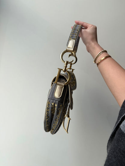 RARE Christian Dior Pinstripe Sequin Floral Saddle Bag