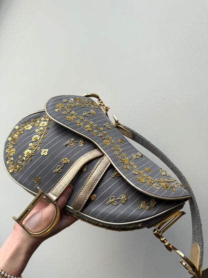 RARE Christian Dior Pinstripe Sequin Floral Saddle Bag