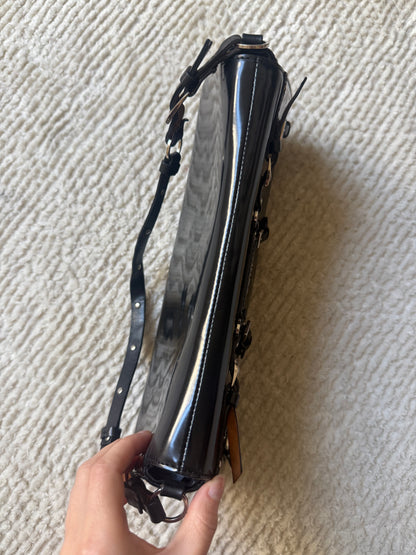 RARE 2003 Galliano Dior Black Patent Leather Bondage Shoulder Bag