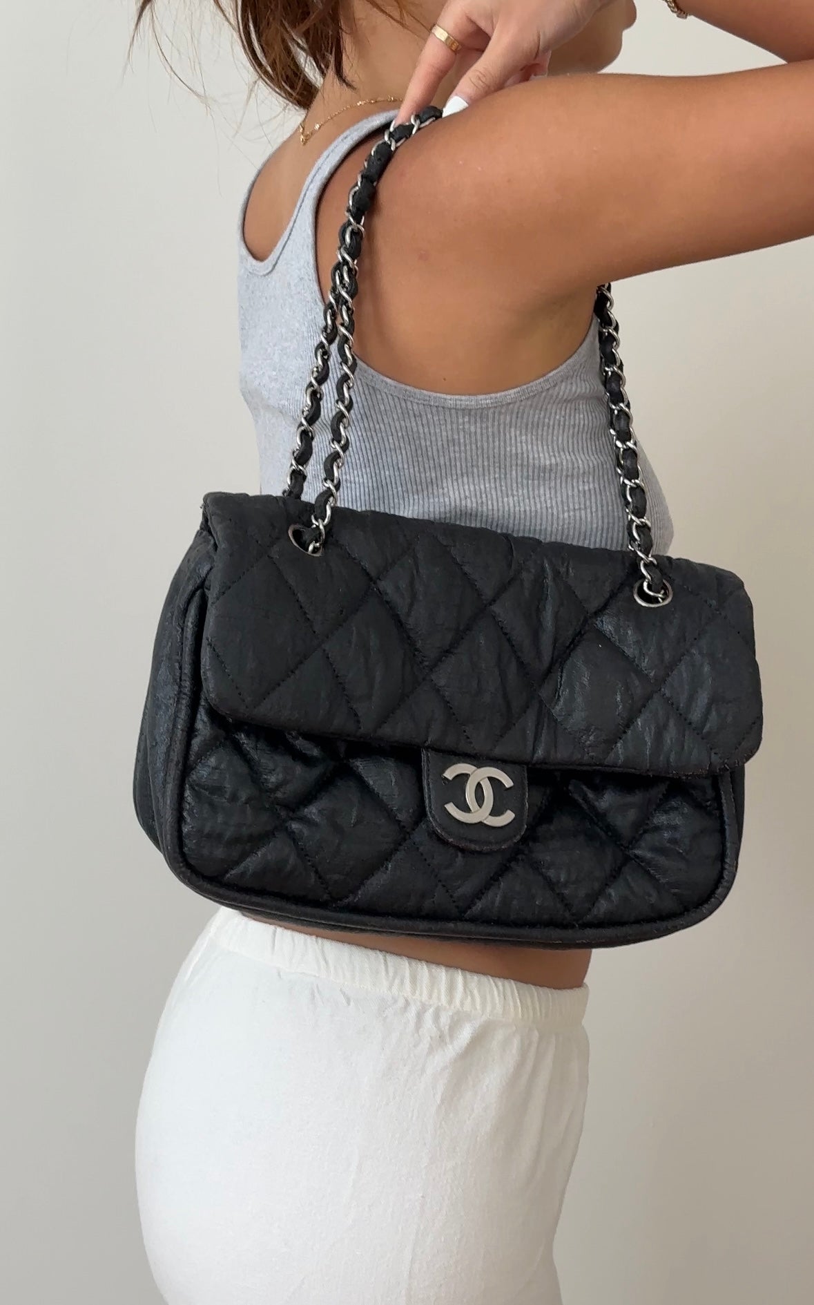 Chanel Black Textured Coated Nylon Flap Bag