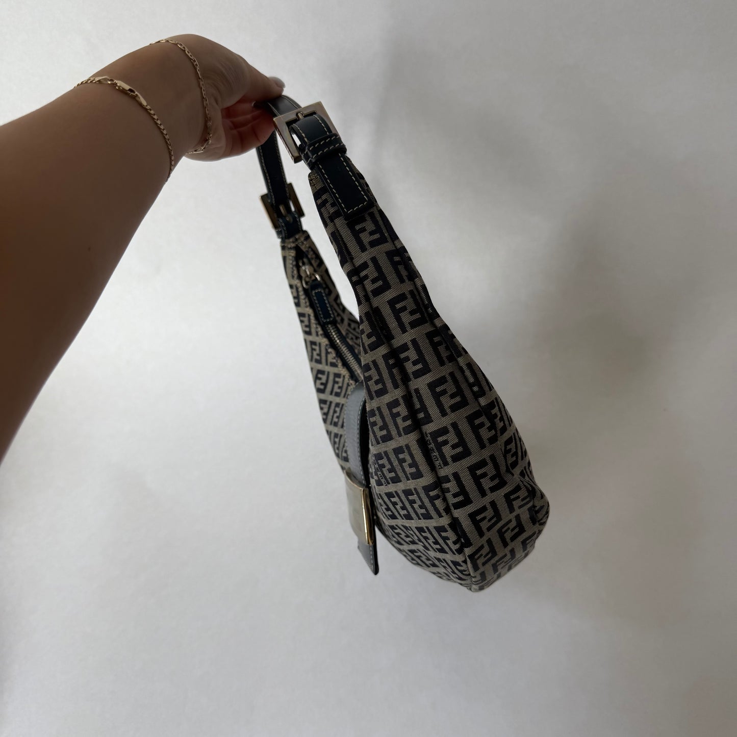RARE Fendi Navy Zucchino Monogram Croissant Half Moon Shoulder Bag