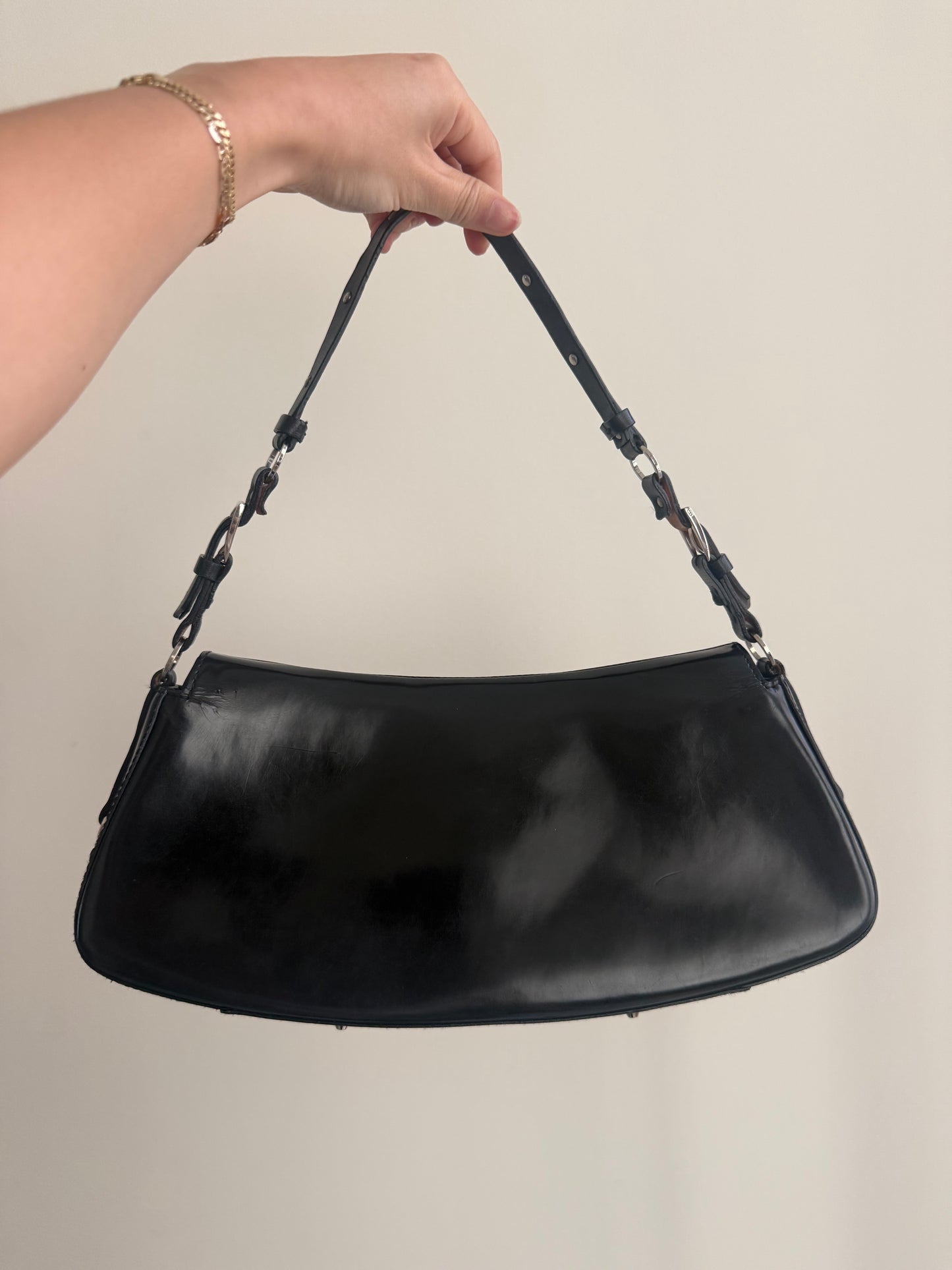 RARE 2003 Galliano Dior Black Patent Leather Bondage Shoulder Bag