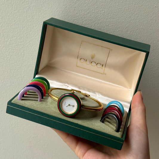 Gucci Gold Bangle Bezel Watch w/ 11 interchangeable Bezels & Box