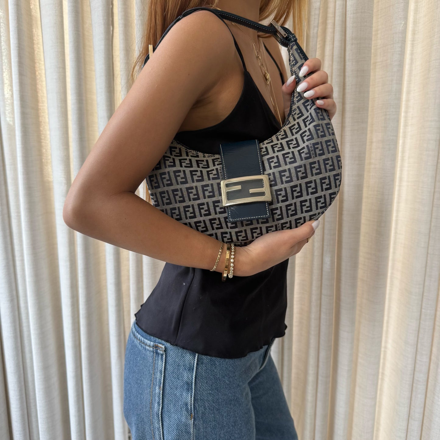 RARE Fendi Navy Zucchino Monogram Croissant Half Moon Shoulder Bag